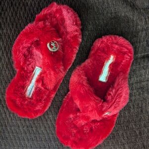 Micheal Kors red fluffy slippers